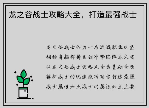 龙之谷战士攻略大全，打造最强战士